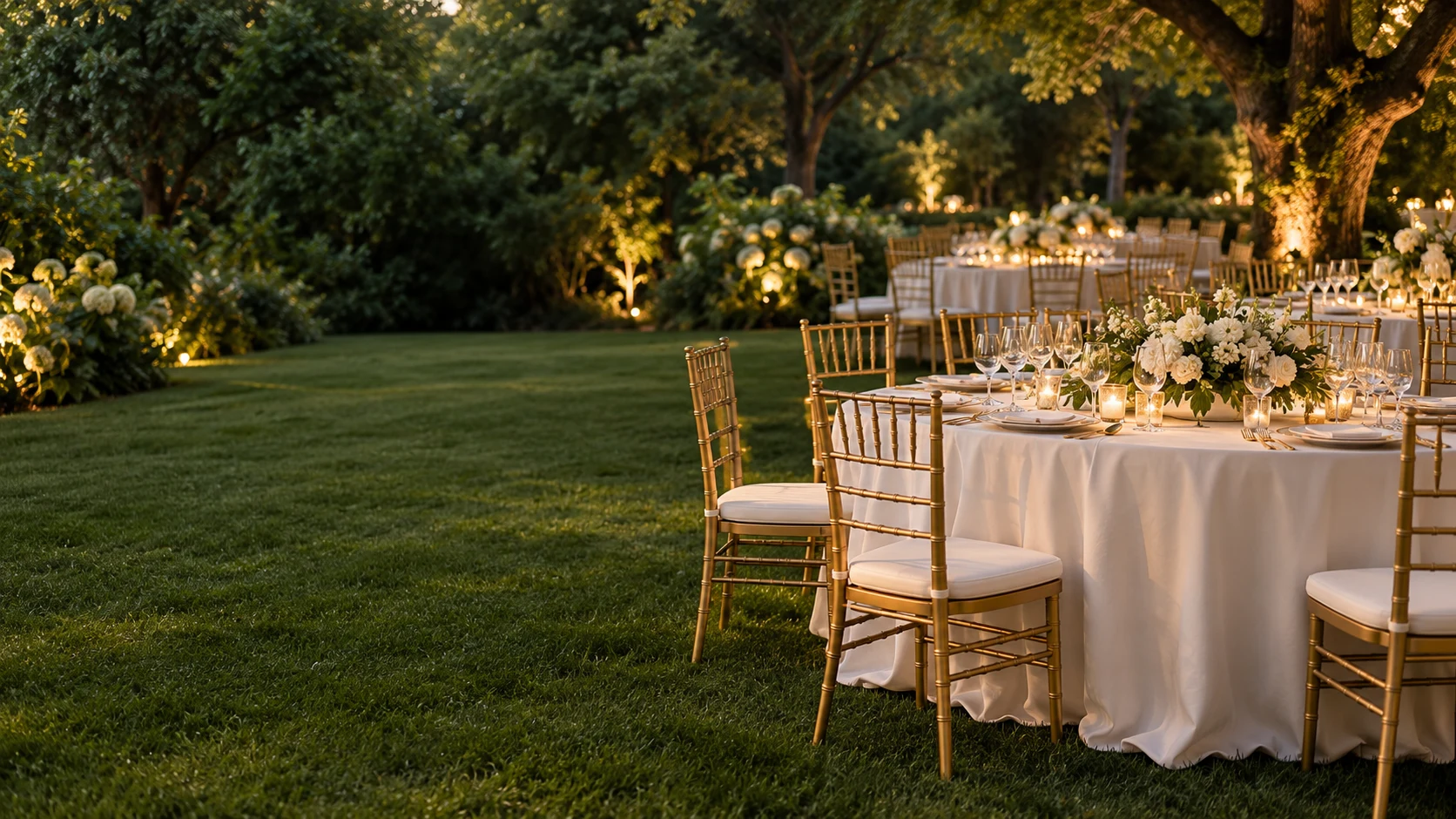 Inspiration setting: a complete gold and white garden reception tablescape